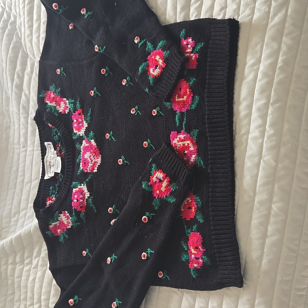 Vintage 80s cotton embroidered flower sweater ADRIENNE VITTADINI SPORT SMALL EUC